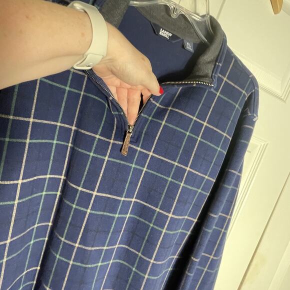 Lands End Sweater Men XL Blue Green Tan Plaid 1/4 Zip Knit Pullover Collared - Picture 3 of 13